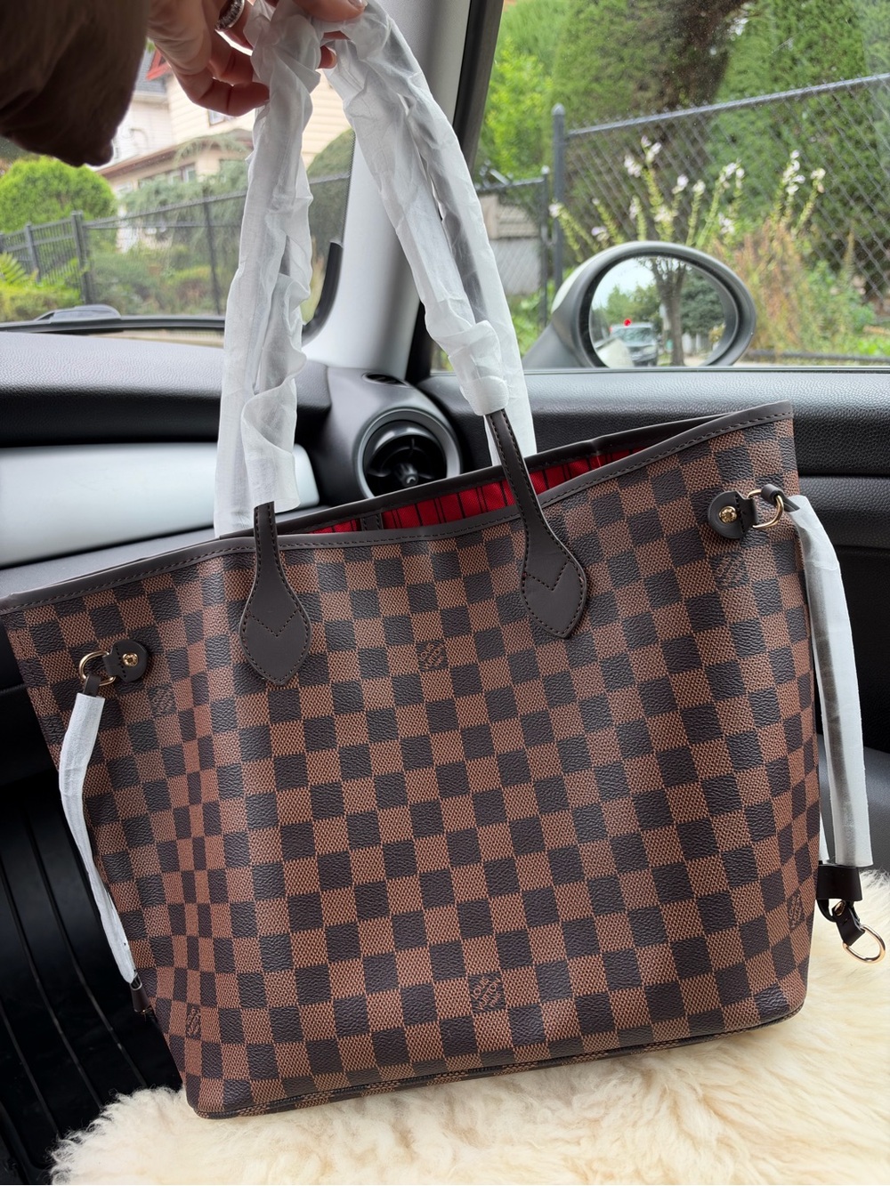 Brown Checkered Tote Bag with Red Interior